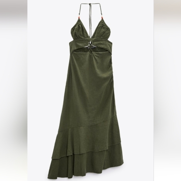 Zara Ruffled Linen Viscose Blend Asymmetric Hem Midi Dress - Picture 2 of 7